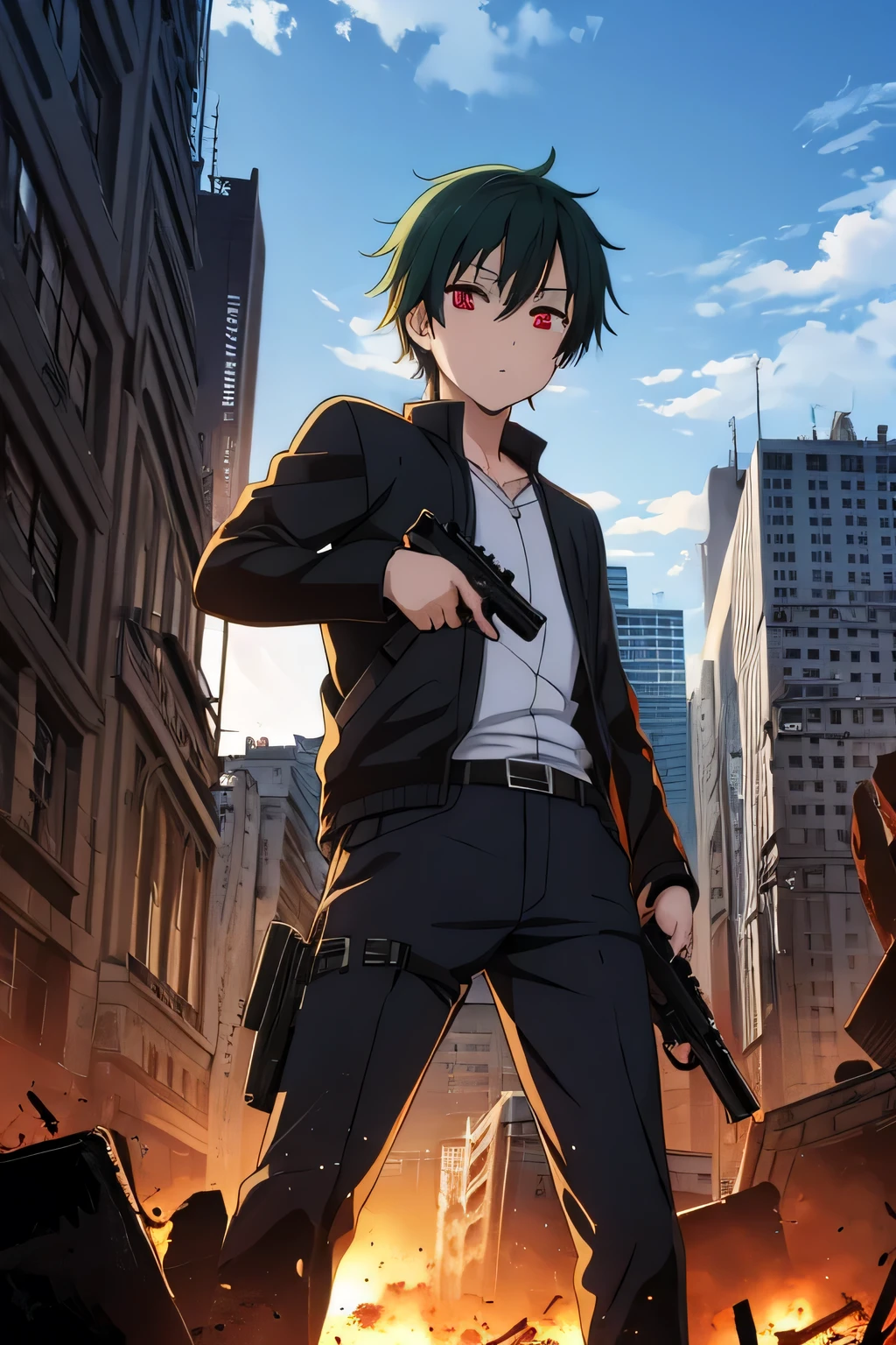 anime boy character in the middle of the zombie apocalypse holding a gun, In the middle of the destroyed city, with several zombies