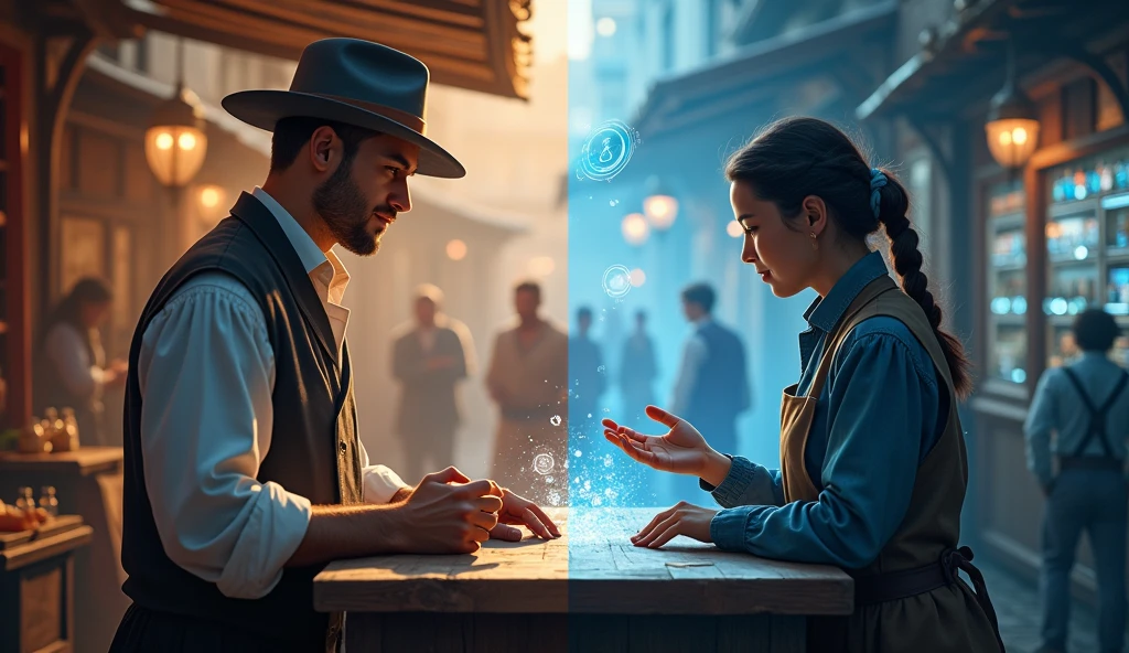 photo split in two. The left half shows a merchant serving a customer.. The right half shows a digital merchant interacting with dozens of customers through a digital medium.
