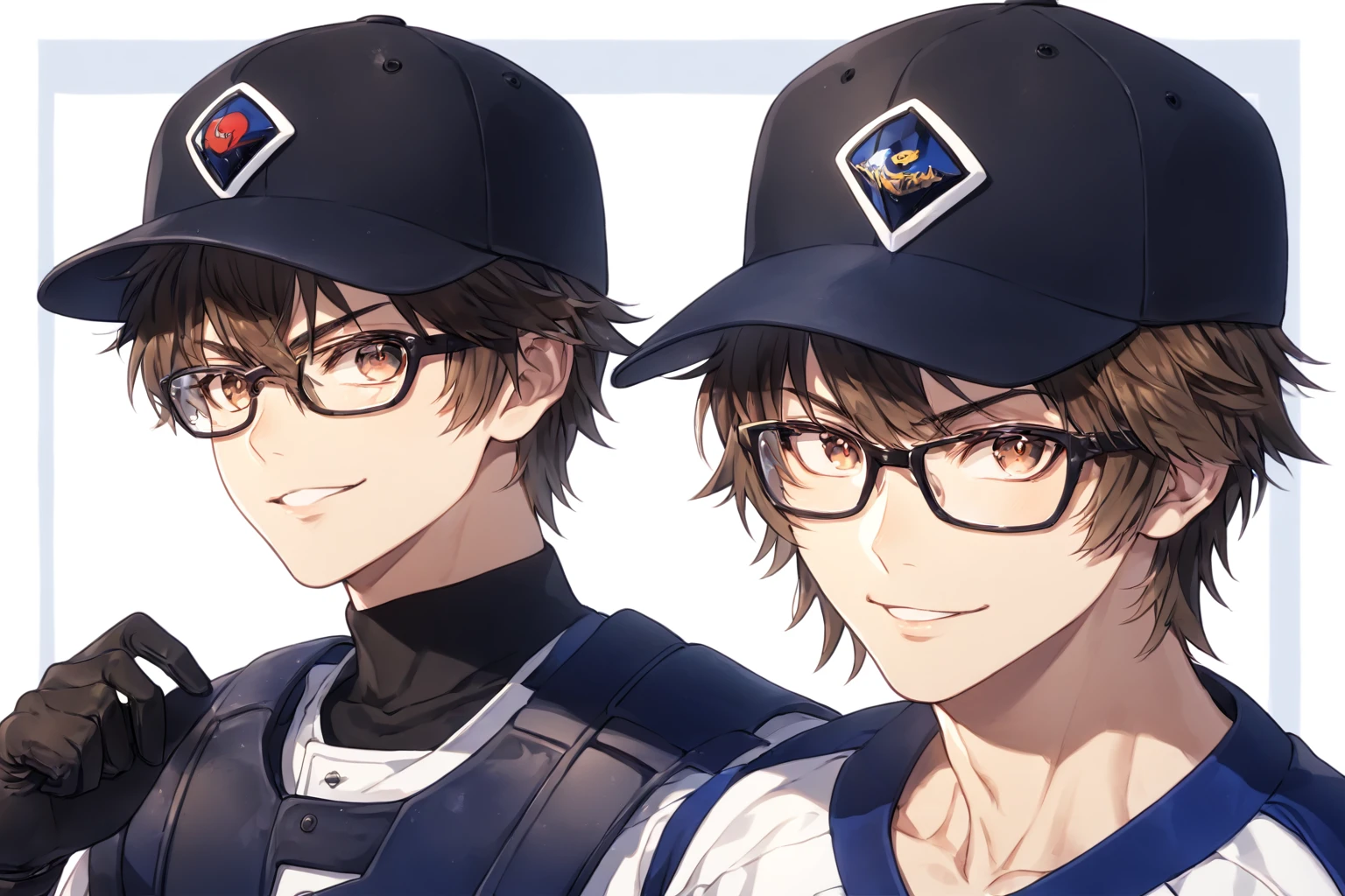 absurdres, highres, ultra detailed, HDR, master piece, Miyuki Kazuya, brown hair, expressive amber eyes, black glasses, Sawamura Eijun, brown hair, expressive brown eyes, white baseball uniform, Diamond No Ace, two sexy man together, handsome, best quality, fantasy, magical, solo, sensual, stadium, blue sky, handsome smile, manly man, black gloves,