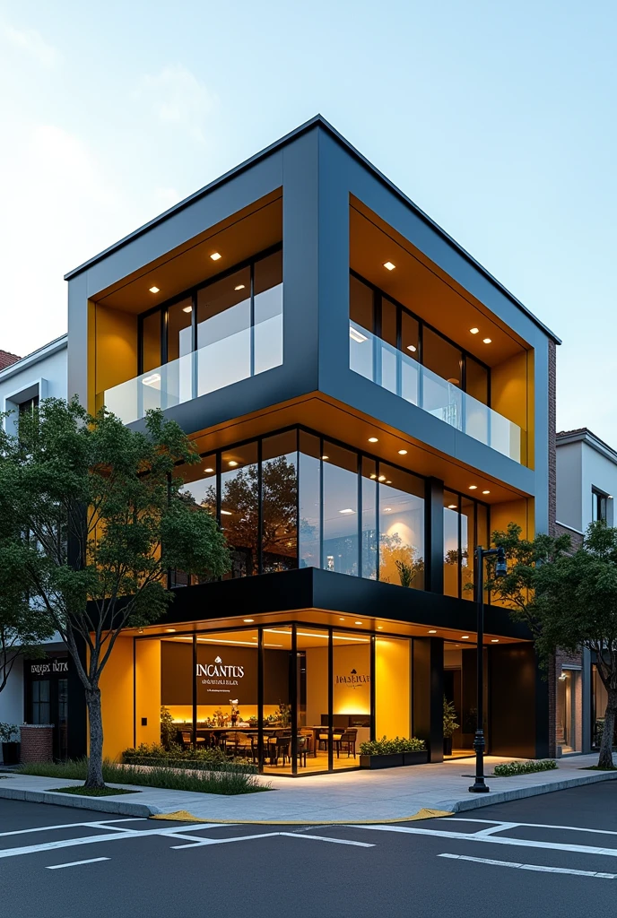 corner real estate property , with accessible facade and sidewalks , black and yellow color with modern sign Incantus Imobiliaria , black and yellow