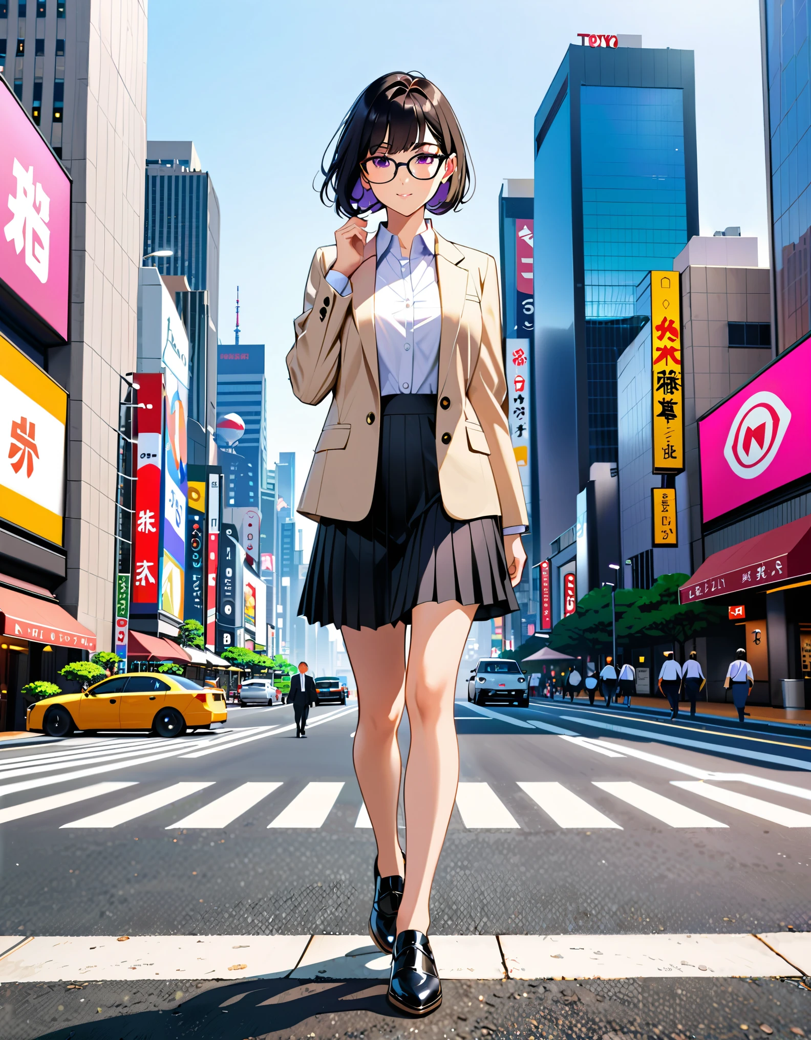 (masterpiece), (best quality), (medium breasts), solo, (jet black hair, short hair, bob hair, purple eyes, bangs), (full body), city backdrop, tokyo city backdrop, solo, solo focus, walking, beige suit jacket, glasses, white shirt, collared shirt, black pleated skirt, matching black shoes, (perfect hands, perfect anatomy), cowboy shot, superhero, ((beautiful detailed eyes)).