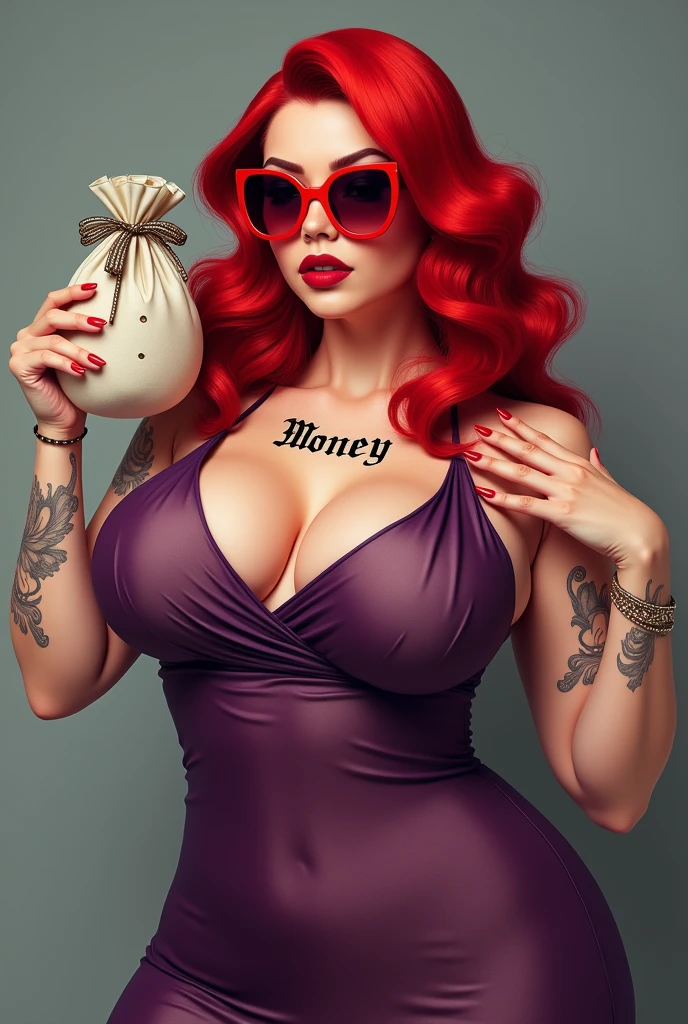 A realistic woman with vibrant red hair and wearing large red sunglasses. She has a tattoo on her chest that says 'MONEY'. The woman poses with her hands raised, holding a bag of money and wearing a deep purple, transparent dress. The background is a soft gray, which contrasts with its lively appearance