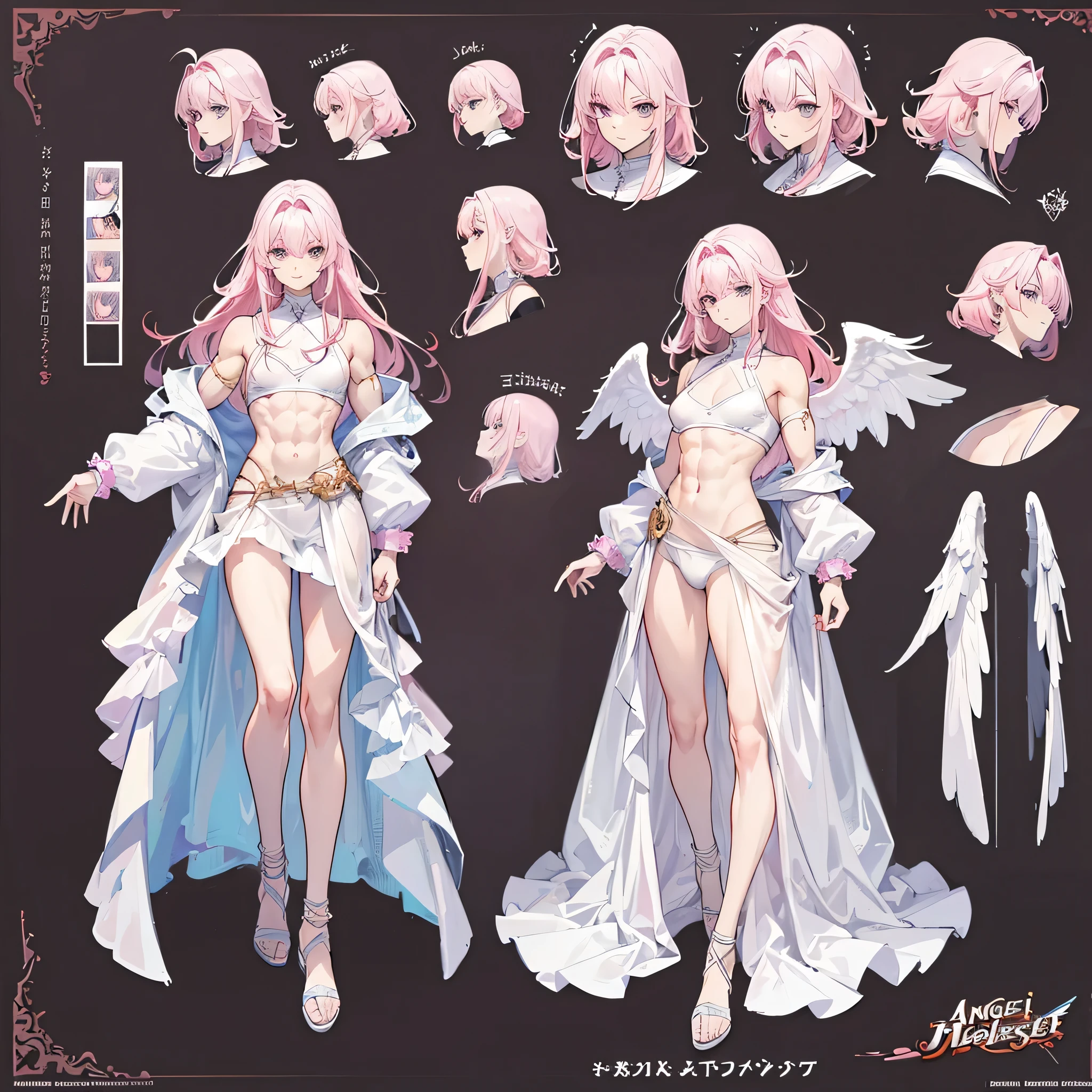 (Masterpiece, best quality), detailed, 1 man, ((character concept art)), ((character design sheet, same character, front, side, back)), full body, body complete, 1 Male angel, 1 Man angel, Detailed face, character design sheet,full bodyesbian, Highly detailed, character sheet, character design, Many parts, dark skin, angel wings, long pink hair, angel outfit, muscle male god, male clothes, masculine, muscle man, male muscle, manly, male angel, Muscle male long pink hair,beautiful man, beautiful muscle man, abs, pectoral muscle