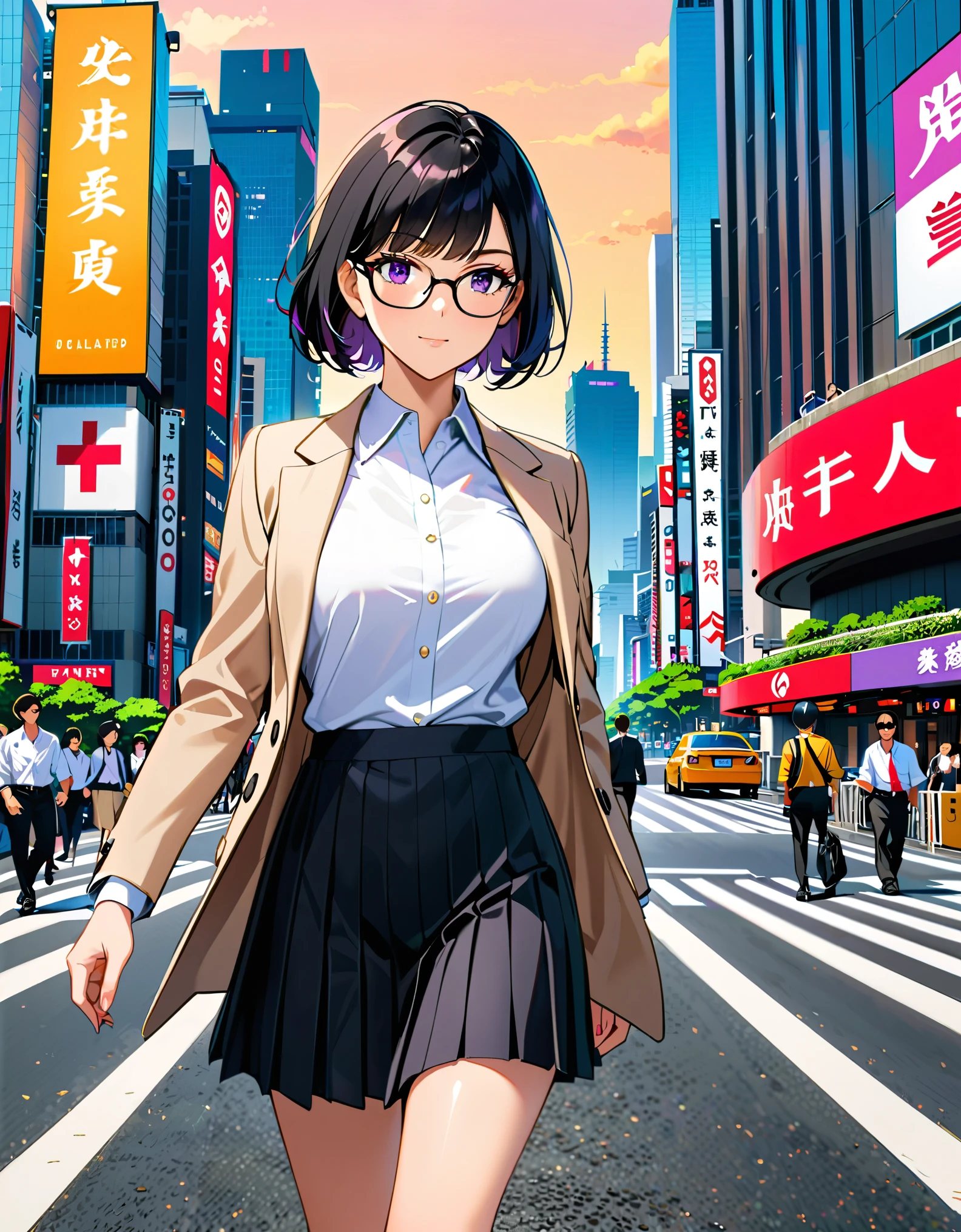 (masterpiece), (best quality), (medium breasts), solo, (jet black hair, short hair, bob hair, purple eyes, bangs), (full body), city backdrop, tokyo city backdrop, solo, solo focus, walking, beige suit jacket, glasses, white shirt, collared shirt, black pleated skirt, matching black shoes, (perfect hands, perfect anatomy), cowboy shot, superhero, ((beautiful detailed eyes)).