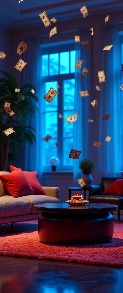 A PERSON CAN BET BLINDLY AND CROSS THEIR FINGERS IN SPORTS BETTING.
An elegant living room, dollars flying, Modern furniture and professional blue and red lighting. Many background colors