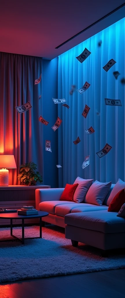 A PERSON CAN BET BLINDLY AND CROSS THEIR FINGERS IN SPORTS BETTING.
An elegant living room, dollars flying, Modern furniture and professional blue and red lighting. Many background colors