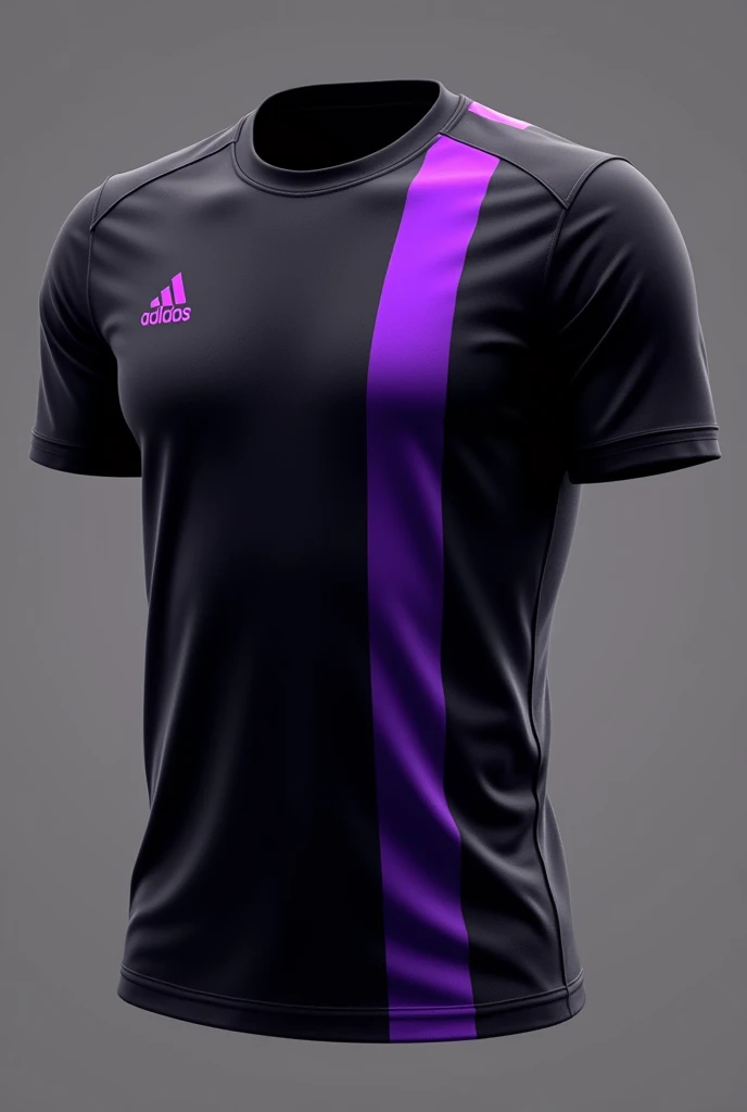 Make me a black football style shirt with purple stripes on the right and left