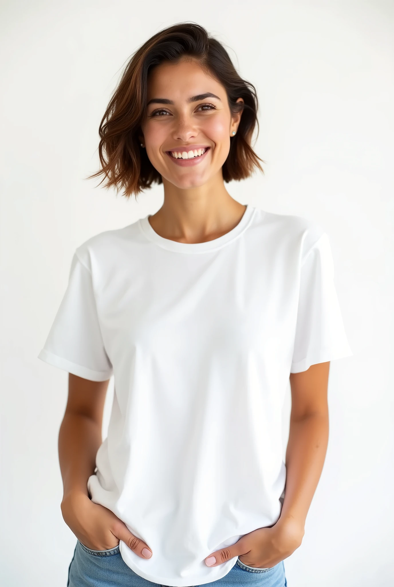 Brazilian woman with light skin and short brown hair wearing a white cotton t-shirt with a crew neck and baby look style with her hands in her pockets smiling happily on a white background