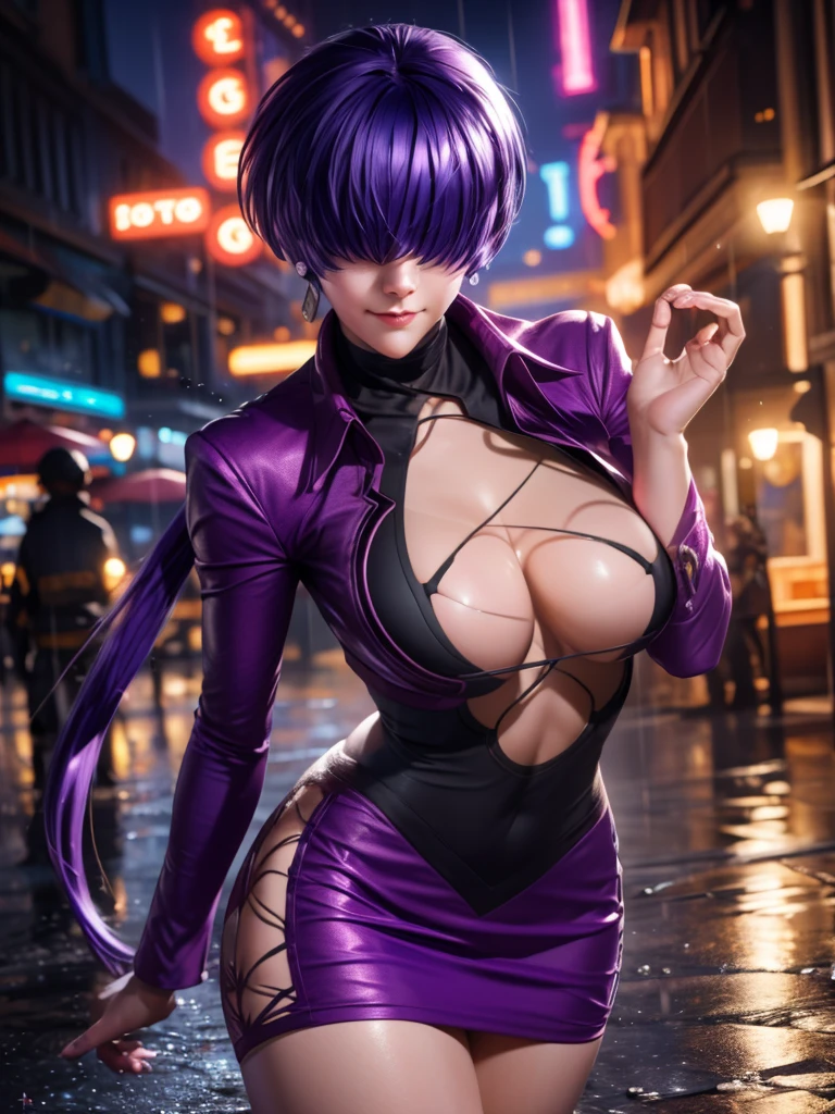 (at night), alone, in a video game scene a background of a beautiful city during the day raining, standing at attention, purple hair, ((purple hair)), 1 girl, alone, 20 years old, young woman, perfect hands and beautiful with perfect fingers, beautiful long legs, perfect legs, beautiful body, beautiful nose, beautiful character design, perfect face, look at the viewer (focusing on the entire character), closed mouth, Light_Smile, official art, CG wallpaper unity 8k extremely detailed, perfect lighting, bright and colorful front lighting, glowing skin (masterpiece: 1.0), (best quality: 1.0), ultra high resolution, 4K, ultra detailed photography, 8K, HDR, high resolution, nonsense: 1.2 , Kodak portra 400, film grain, blurred background, bokeh: 1.2, lens flare, (vibrant_color: 1.2), professional photography, (beautiful_face: 1.5), (narrow waist),
