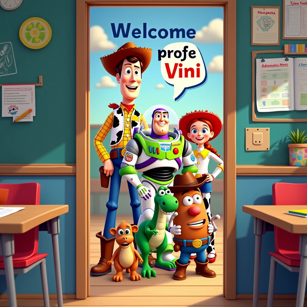 Generate an image of a door banner with a Toy Story theme. All the characters must be in a classroom., at the top with the phrase welcome Profe Vini in Spanish.