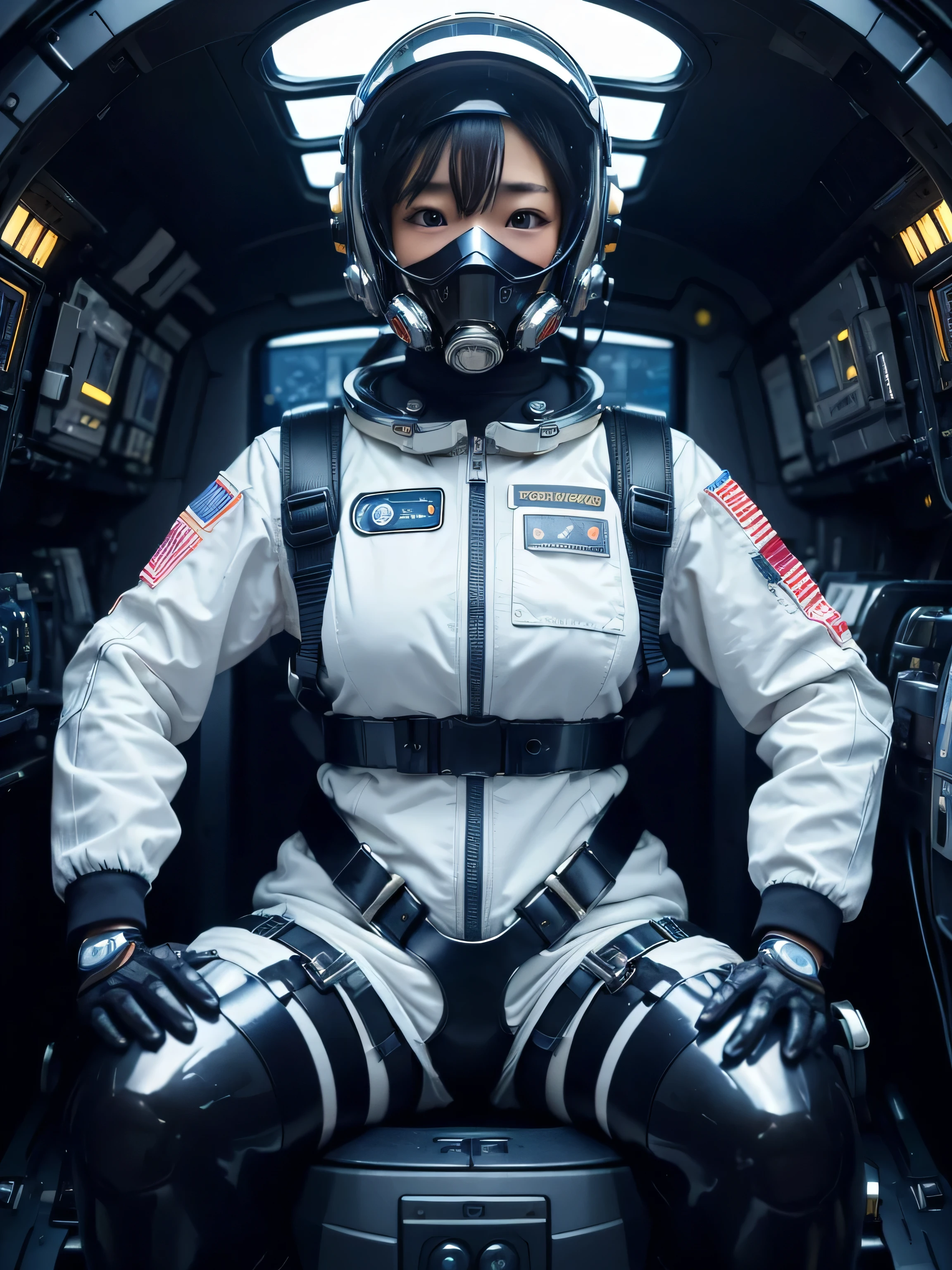 masterpiece, Highest quality, Very detailed, Japanese Android girl, Beautiful 2 Japanese woman, Plump,Slightly thicker,Control panel,Android,cyborg,Blunt bangs,Sitting in the cockpit of a spaceship and piloting it,astronaut,Thick harness belt,Full-face helmet,Gas mask with regulator,