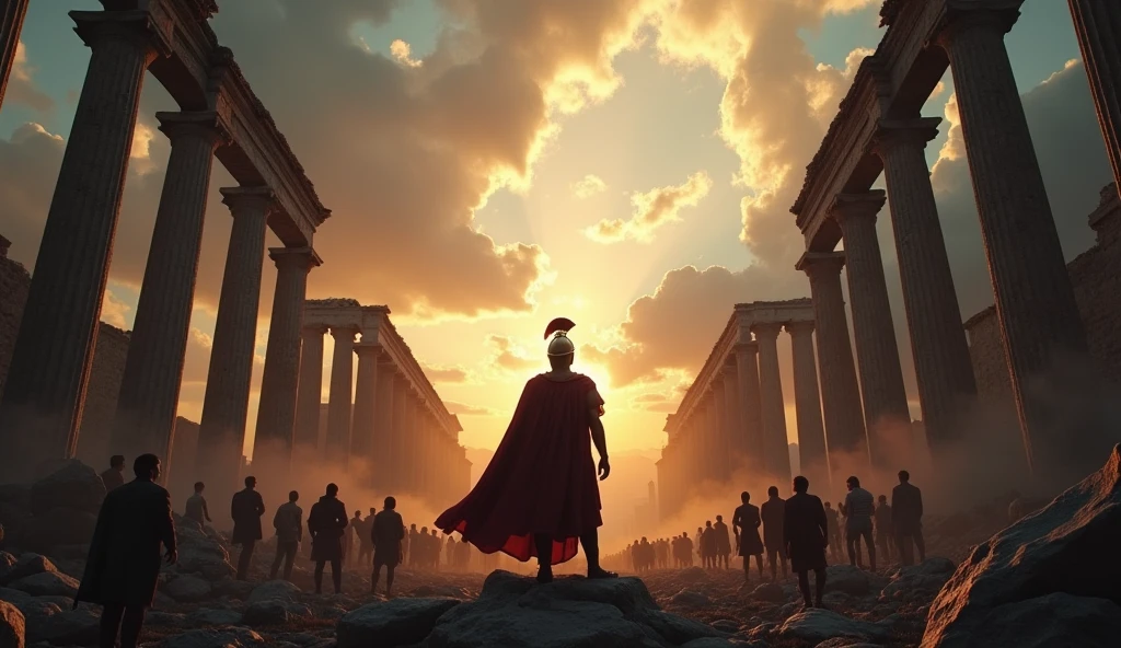 a roman soldier in chaos, people looking up at the sky, ancient rome in ruins, dramatic lighting, cinematic, hyper detailed, 8k, photorealistic, intricate detail, dramatic clouds, moody atmosphere, volumetric lighting, chiaroscuro, dramatic color palette, ominous, imposing architecture, shattered columns, war-torn, epic scale, masterpiece