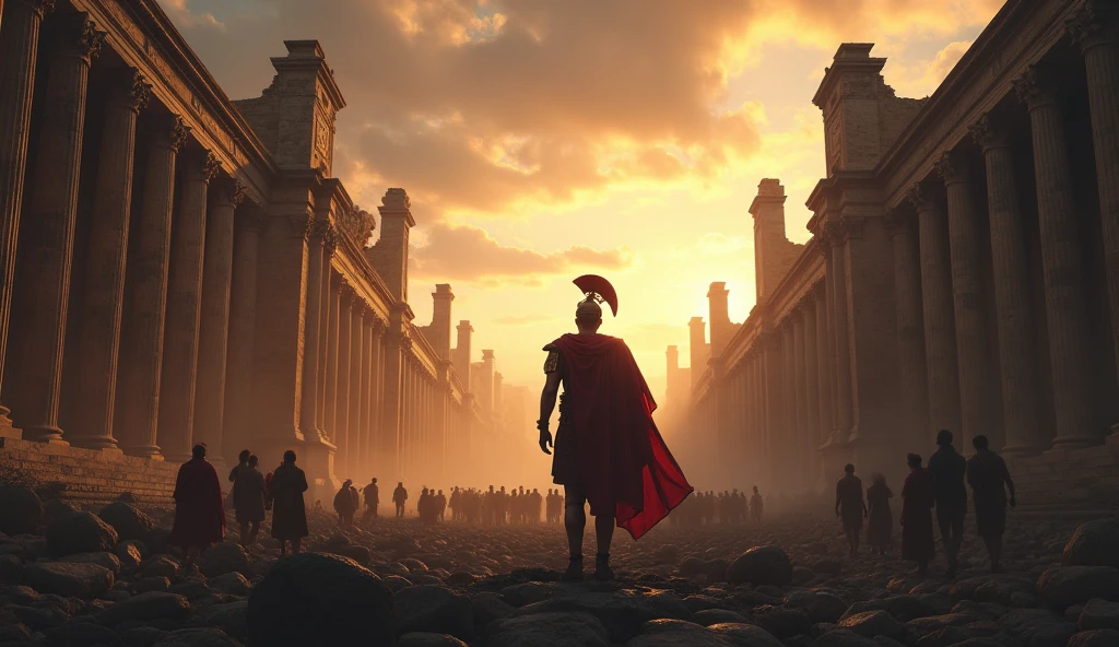 a roman soldier in chaos, people looking up at the sky, ancient rome in ruins, dramatic lighting, cinematic, hyper detailed, 8k, photorealistic, intricate detail, dramatic clouds, moody atmosphere, volumetric lighting, chiaroscuro, dramatic color palette, ominous, imposing architecture, shattered columns, war-torn, epic scale, masterpiece