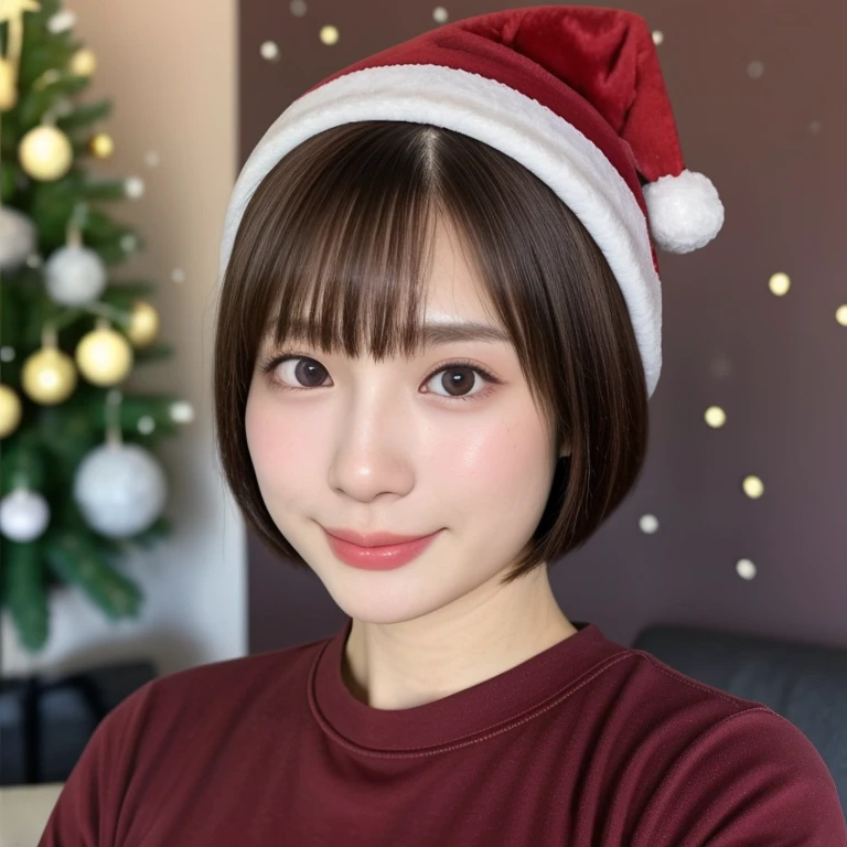 (kawaii 24 year-old Japanese girl, Nogizaka idol, Korean idol), healthy female athlete body, (glossy brown hair, short hair, pixie cut, bangs:1.3), (rounded face, beautiful black eyes, single eyelid, no makeup:1.2), (looking at viewer, soft smiling), (wearing Santa's hat, long sleeved Santa's costume:1.3), perfect shaped extra small breasts, BREAK, (living room in the lodge background, christmas tree on back:1.2), (dynamic angle, bust shot:1.3),  BREAK, (masterpiece, best quality, photo realistic, official art:1.4), (UHD, 8K quality wallpaper, high resolution, raw photo, golden ratio:1.3), (shiny skin), professional lighting, physically based rendering, award winning, (highly detailed skin, extremely detailed face and eyes, anatomically correct), Carl Zeiss 85 mm F/1.4, depth of field, 1girl, solo,