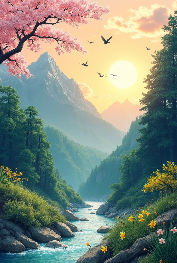 Deep woods, Distant Mountain々, Flying Bird. 2D Style, radiant and lively, The mountainside is covered with cherry blossoms, sunrise can be seen in the distance, The stream meanders, There are some daffodils blooming on the river bank., sunrise, Ink Painting