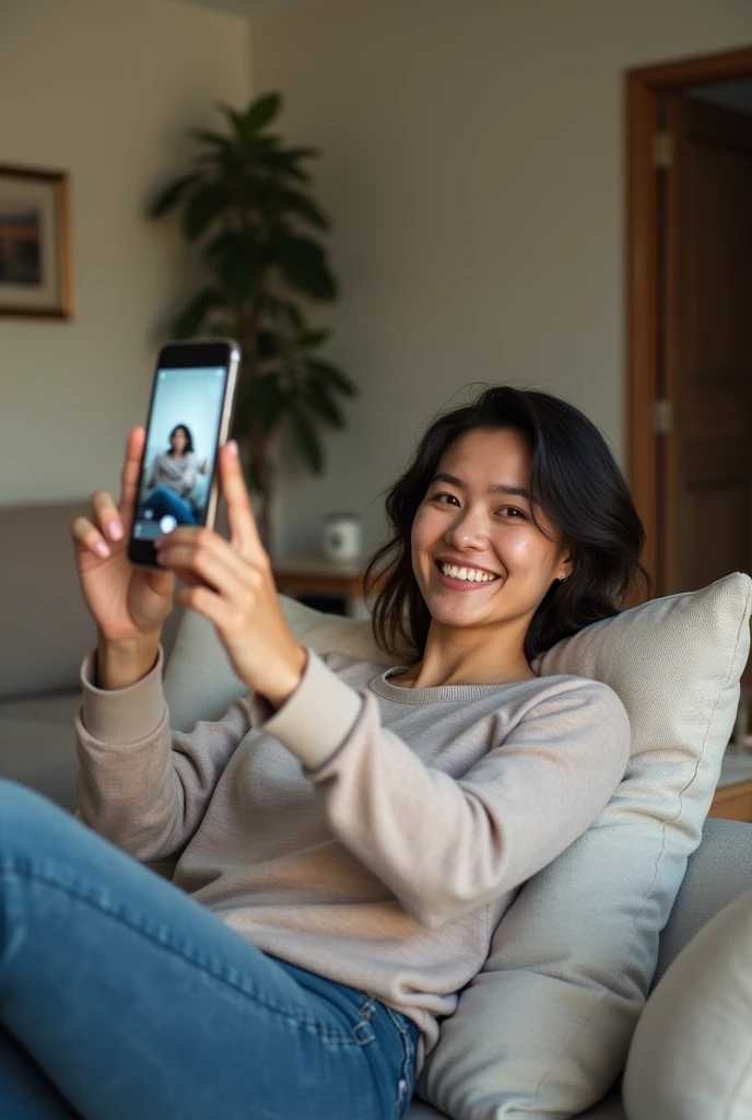 Woman taking a selfie on the couch photo from cell phone
