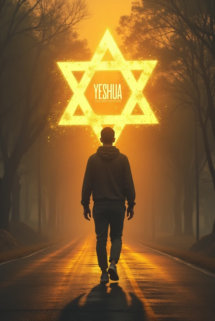 A person walking down a road backwards (not very big image) the star of david (can be golden)com o nome yeshua(can be big)  a realistic image without too many details