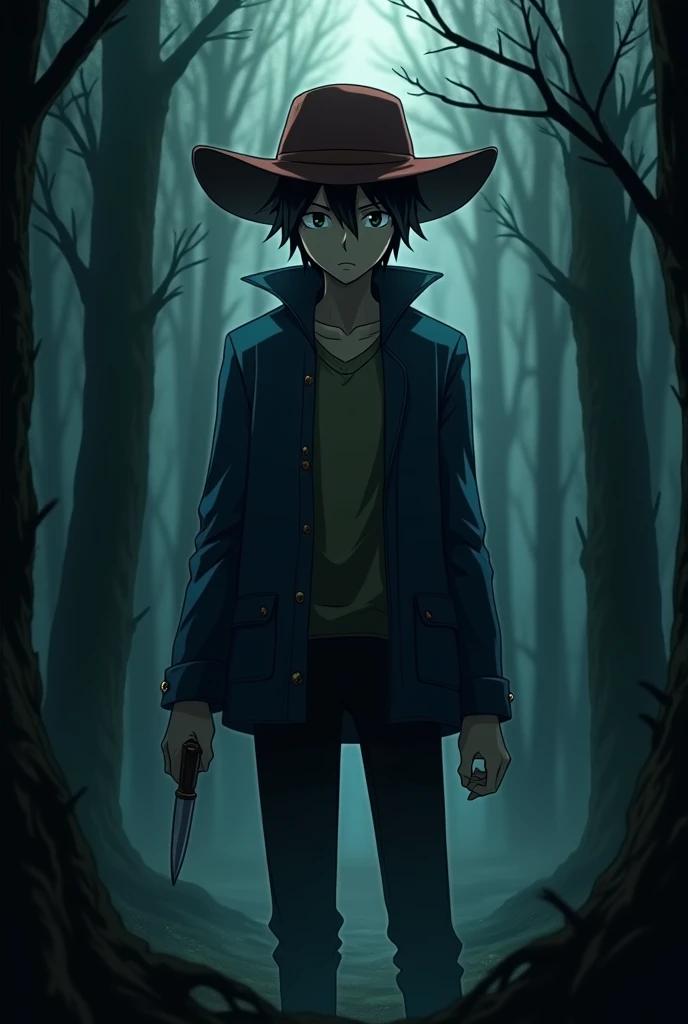 The image is anime style cowboy bebop and Darker than black with shadows and dim lights, anime style although somewhat adult and dark, It shows a little with black-green eyes., He wears a dark red cap and a blue jacket.. He is standing in the middle of a dark forest. He holds a small dagger in his hand. Your body is becoming invisible. he is serious