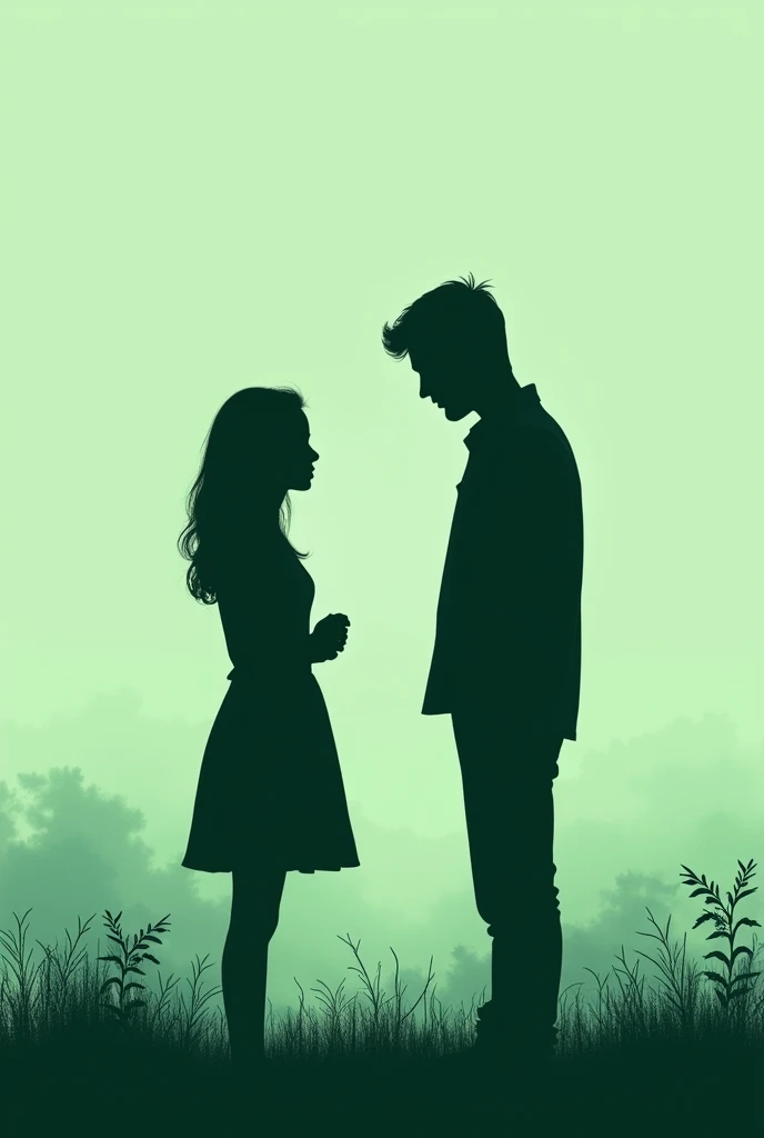 Create the cover of a book where a young couple ends their relationship, the silhouette of a woman and a man, the two young people are sad, the cover is smooth, a light shade of green, the silhouettes and other elements of nature are dark green, The book talks about a letter that the girl writes every day while she waits for her boyfriend to return. There are no letters on the cover. Representing a loving separation. The two young people love each other, but they cannot be together.
