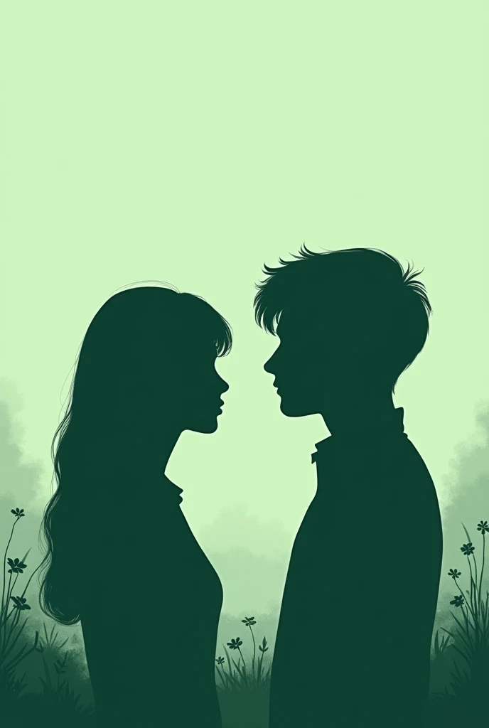Create the cover of a book where a young couple ends their relationship, the silhouette of a woman and a man, the two young people are sad, the cover is smooth, a light shade of green, the silhouettes and other elements of nature are dark green, The book talks about a letter that the girl writes every day while she waits for her boyfriend to return. There are no letters on the cover. Representing a loving separation. The two young people love each other, but they cannot be together.