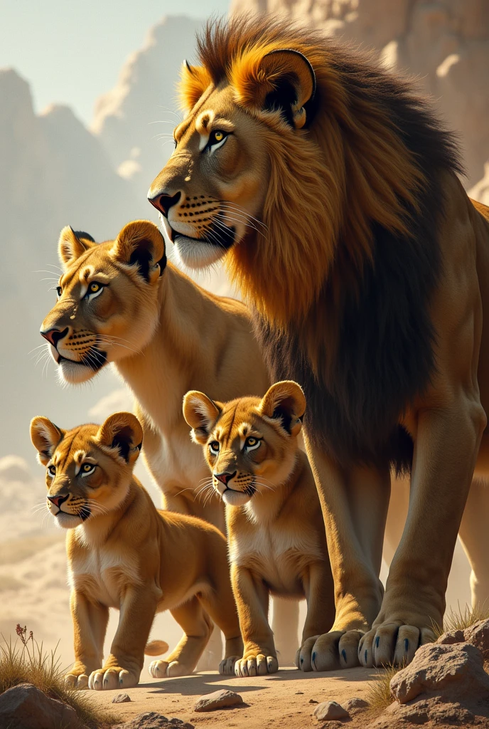 3 adult lions , 1 young lion and 1 little lion. All with signs of minor injuries except the little lion.