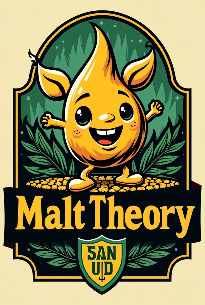 A very youthful brewery logo that contains the colors gold, black and green and the phrase malt theory and have an image of malt and something that refers to the university 