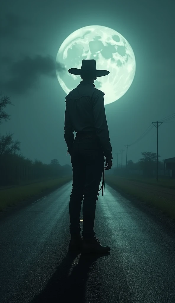 A deserted road at night, lit only by the light of the full moon. In the center of the road, the tall, thin figure of El Silbón, with his back turned, wearing tattered cowboy clothes and a wide-brimmed hat. He is standing still, looking at the horizon, conveying a sense of mystery and imminent danger.