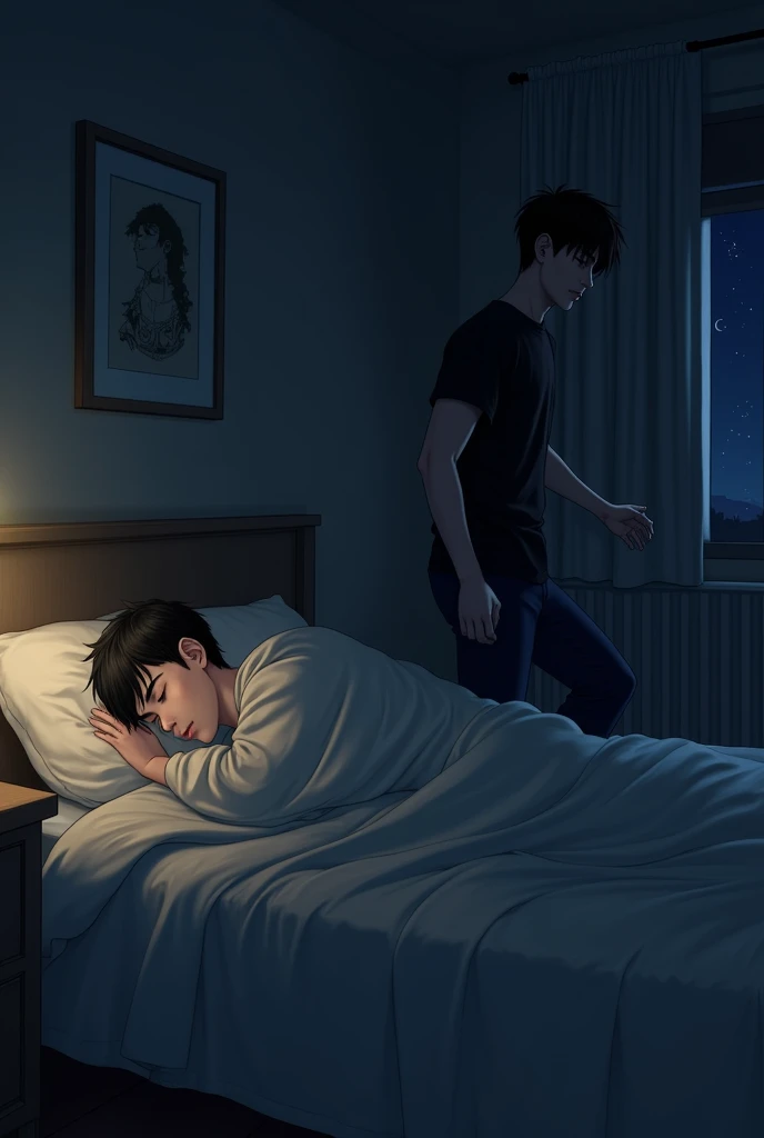 One brother was sleeping in bed and this brother was getting out of bed. Night time
