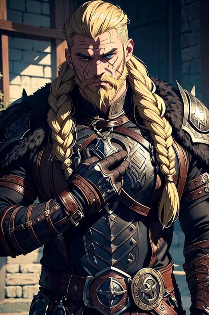 1man, viking, whole body, (work of art), best qualityer, high resolution, 4K, 8k, detailed illustration, intricate-detail, cinematic lighting, incredible quality, male fit, amazing shading, soft lighting, front camera, blonde beard, short beard, blond hair, short hair, braided hair, black tattoo, nordic tattoos, (, wearing a shirt, wearing leather armor, wearing leather chest armor, chest covered by leather, wearing black fur)