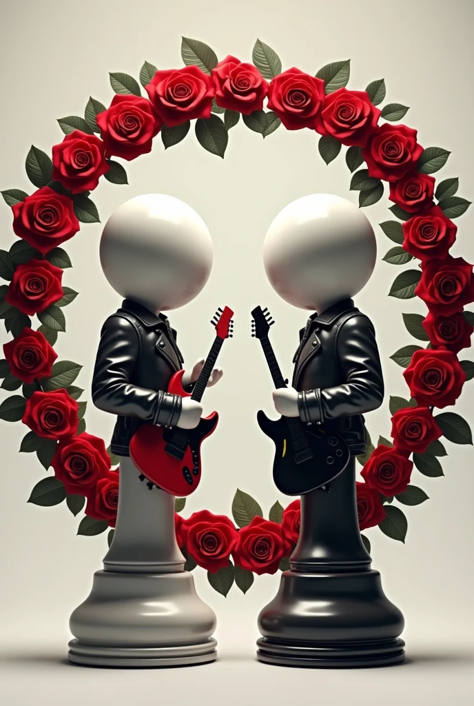 Create two characters that are chess pawns with a leather jacket and holding an electric guitar. The head should be spherical without eyes similar to a real chess pawn and not legs but like the base of a real chess pawn.. The base and the head and hands must be white.. Surround the characters with a circular garland of red roses like the logo of the band Guns'n Roses