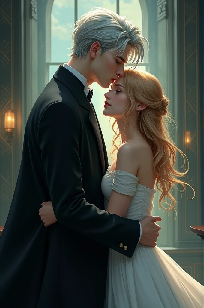 Create a book cover that has the name , The day I met you and there was a vampire boy with silver hair and golden eyes in an elegant suit hugging a short girl with golden hair and blue eyes with a sad look
