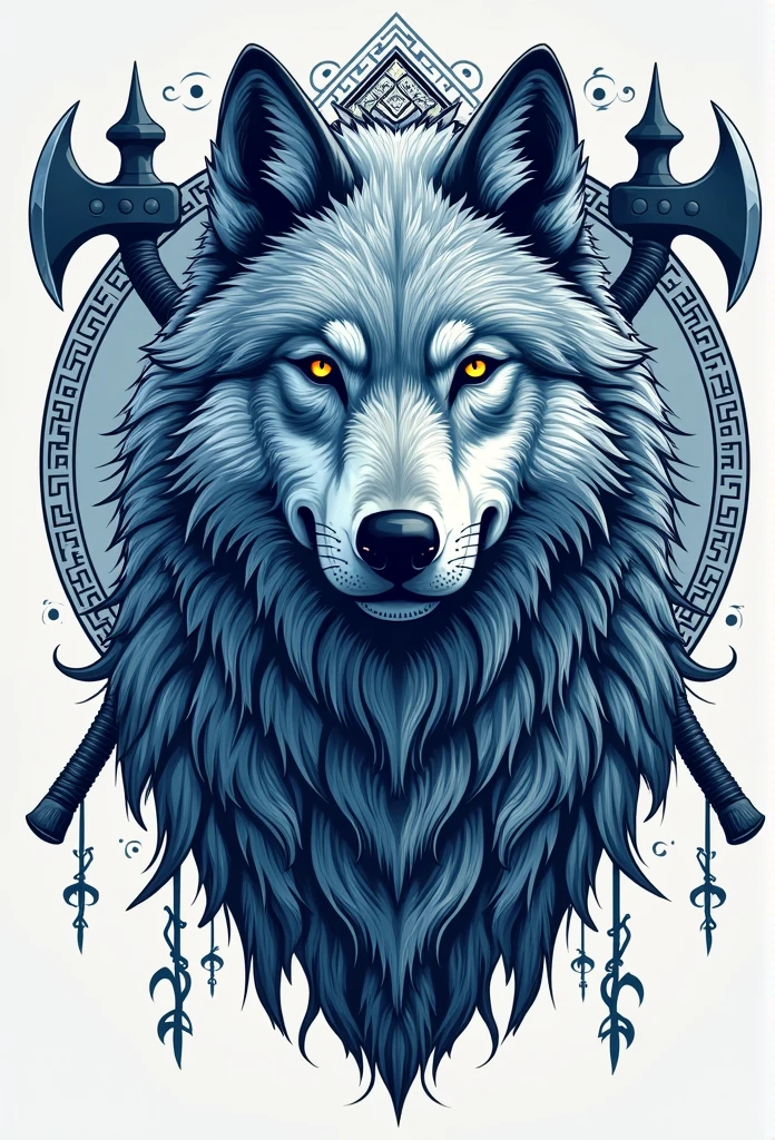 Design of a Nordic wolf, inspired by Viking mythology, with intricate details of ancient runes surrounding it. The wolf should have a fierce and majestic appearance, with glowing eyes symbolizing wisdom and strength. Include elements such as crossed Viking axes, shields, and tribal geometric patterns. The style of the drawing should be detailed, with rustic lines and a touch of ancient art, in a cool color palette of blue and silver, ideal for a t-shirt print.