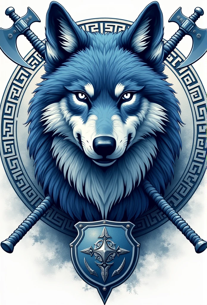 Design of a Nordic wolf, inspired by Viking mythology, with intricate details of ancient runes surrounding it. The wolf should have a fierce and majestic appearance, with glowing eyes symbolizing wisdom and strength. Include elements such as crossed Viking axes, shields, and tribal geometric patterns. The style of the drawing should be detailed, with rustic lines and a touch of ancient art, in a cool color palette of blue and silver, ideal for a t-shirt print.