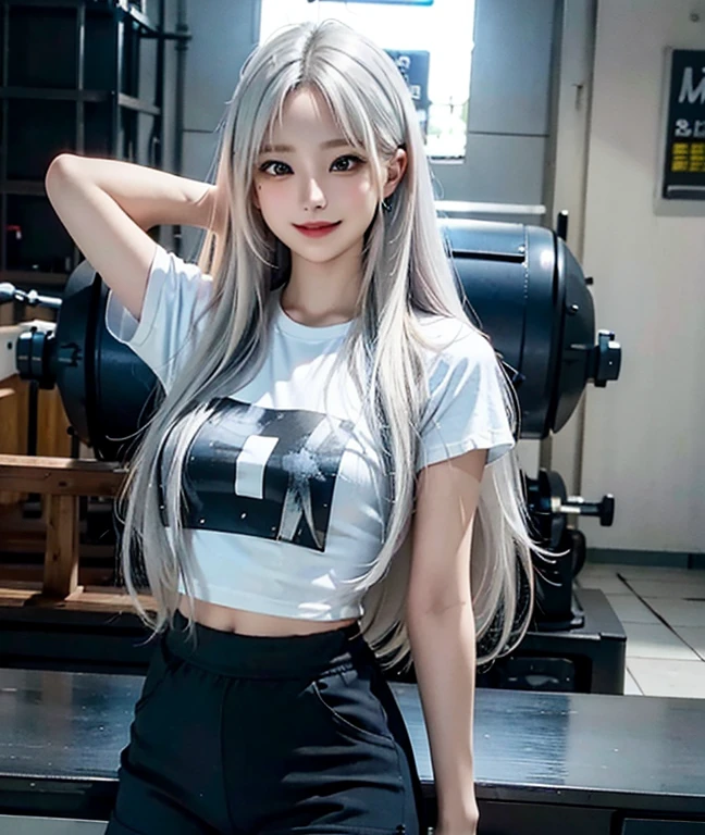 Masterpiece, high detailed, realistic, ultra realistic, ((hyper realistic)), woman with long hair, hyper white hair color, ((lite blue t shirt / black short pant)), smile, 16k,