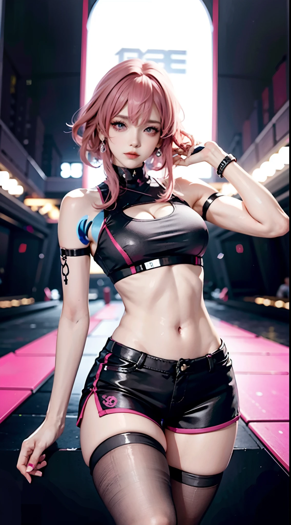 Beautiful woman, 1 girl, pink hair woman, fighting stance, black pantyhose, black gloves, sports bra, jewelry, shorts, J thighs. pink hair, drills, asymmetrical hair,
