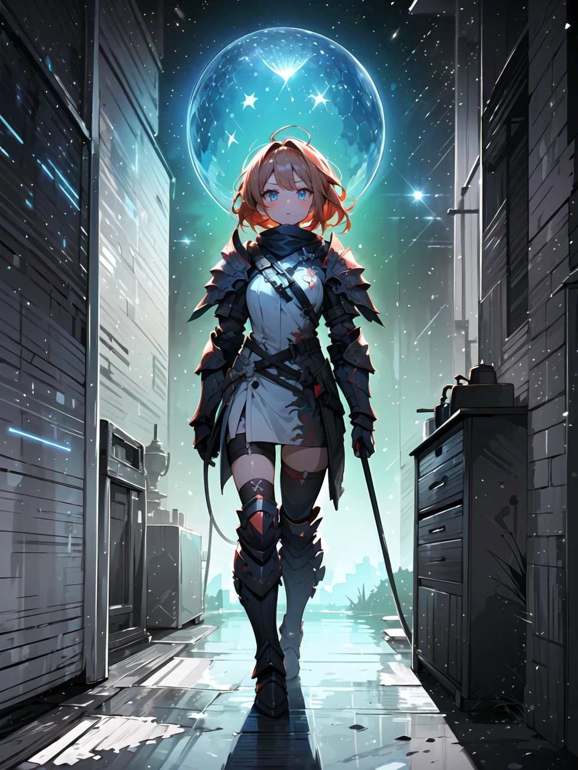 (((masterpiece, best quality, 8k))), girl, (full-body), dragon armor, intricate details, red glow, short shilver hair, back messy hair, detailed hair strands, light blue eyes, dominance expression, walking in lesser caotic place as she rule the world, fire background, and dragons in the night sky, fierce aura, (high quality ilumination)