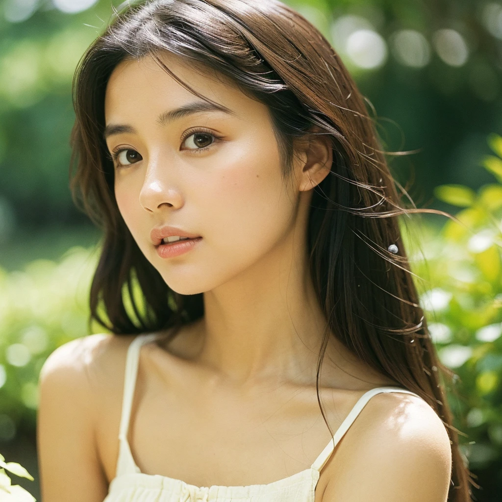 A hyper-realistic close-up image of a single Japanese woman in her early 20s, captured with the nostalgic warmth and subtle graininess of a film camera, focusing on her face and shoulders. Her skin has a warm beige tone with a natural, slightly rough texture that includes visible pores, fine lines, and subtle imperfections such as small blemishes, adding to the authenticity of her appearance. The soft, diffused natural light typical of a sunny summer day casts gentle, warm shadows on her face, enhancing the film-like quality while maintaining the realistic texture of her skin. Her straight, glossy black hair is slightly tousled by a gentle summer breeze, framing her face naturally. She is wearing a light, summery outfit, perhaps with straps visible at the shoulders, that complements her natural beauty and suits the warm weather. The film camera effect introduces a slight grain and a softer focus, giving the image a warm, nostalgic atmosphere while preserving the realism of her skin and features. The overall composition captures the serene and effortless elegance of a summer day, with the focus on the realistic texture of her skin and the timeless quality of the film camera aesthetic.