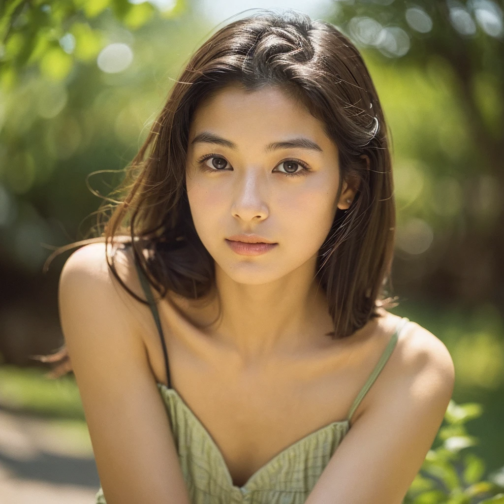 A hyper-realistic close-up image of a single Japanese woman in her early 20s, captured with the nostalgic warmth and subtle graininess of a film camera, focusing on her face and shoulders. Her skin has a warm beige tone with a natural, slightly rough texture that includes visible pores, fine lines, and subtle imperfections such as small blemishes, adding to the authenticity of her appearance. The soft, diffused natural light typical of a sunny summer day casts gentle, warm shadows on her face, enhancing the film-like quality while maintaining the realistic texture of her skin. Her straight, glossy black hair is slightly tousled by a gentle summer breeze, framing her face naturally. She is wearing a light, summery outfit, perhaps with straps visible at the shoulders, that complements her natural beauty and suits the warm weather. The film camera effect introduces a slight grain and a softer focus, giving the image a warm, nostalgic atmosphere while preserving the realism of her skin and features. The overall composition captures the serene and effortless elegance of a summer day, with the focus on the realistic texture of her skin and the timeless quality of the film camera aesthetic.