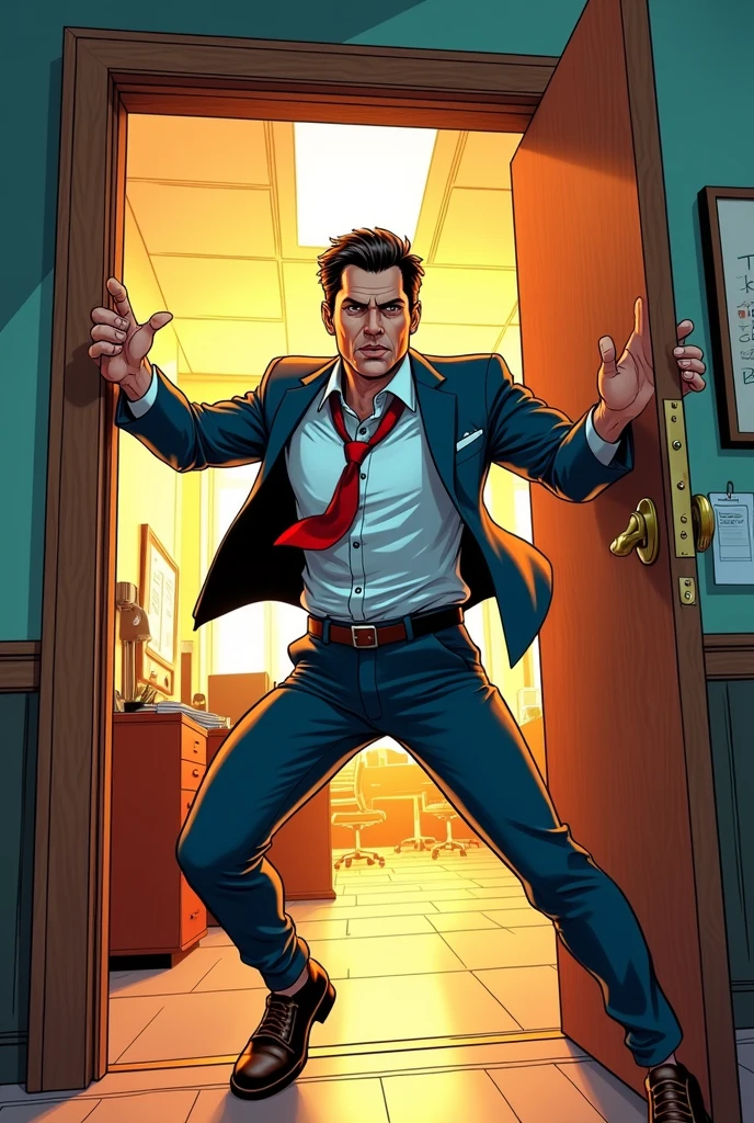 Marco enters abruptly in comic style But from the door of an office