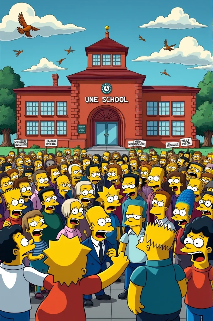Scene from the Simpsons of the angry mob outside a school called UANE