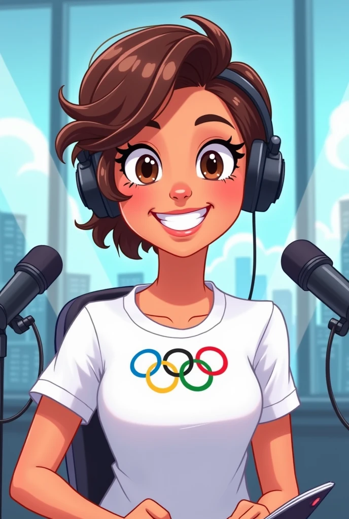 Make a cartoon character with a white shirt with the Olympic symbol, presenting a journalistic style podcast