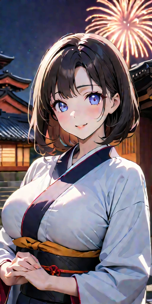 ((Highest quality、masterpiece、anime style、best quality、high resolution、8k、detailed、ultra-detailed:1.3))、Long legs:1.2, Beautiful woman with perfect figure:1.4、(Smiling:1.2), double eyelid、30-year-old female、((((One Woman,beautiful face,Beautiful face、Japanes,Japan、Kyoto、kimono、 night,upper body:1.5)))),Big Breasts、High resolution, accurate, Anatomically correct, Winner of numerous awards, High-resolution model, high quality, Very detailed, Ultra high definition, Textured skin,one moon,fireworks,Shrines, Buddhist temples,Japanese Festival