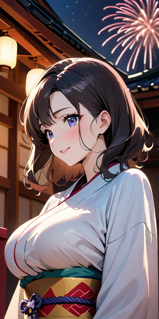 ((Highest quality、masterpiece、anime style、best quality、high resolution、8k、detailed、ultra-detailed:1.3))、Long legs:1.2, Beautiful woman with perfect figure:1.4、(Smiling:1.2), double eyelid、30-year-old female、((((One Woman,beautiful face,Beautiful face、Japanes,Japan、Kyoto、kimono、 night,upper body:1.5)))),Big Breasts、High resolution, accurate, Anatomically correct, Winner of numerous awards, High-resolution model, high quality, Very detailed, Ultra high definition, Textured skin,one moon,fireworks,Shrines, Buddhist temples,Japanese Festival