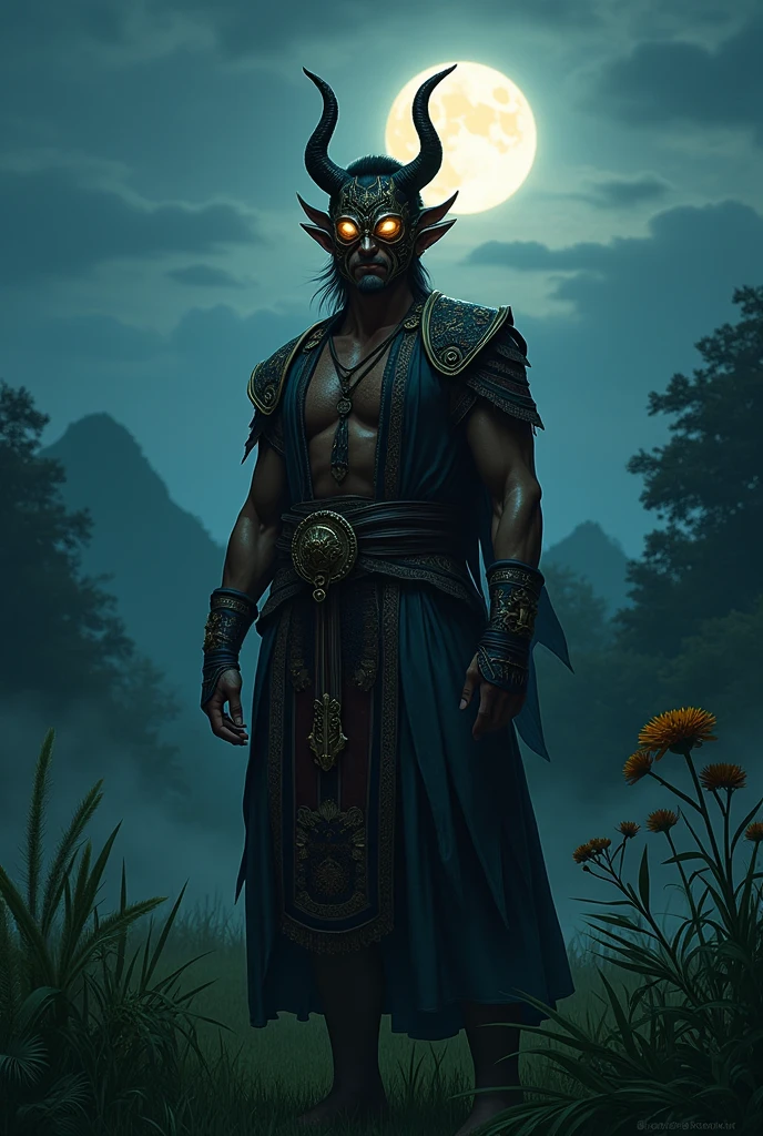 male filipino mythical character in rural area at night with mask and clothing