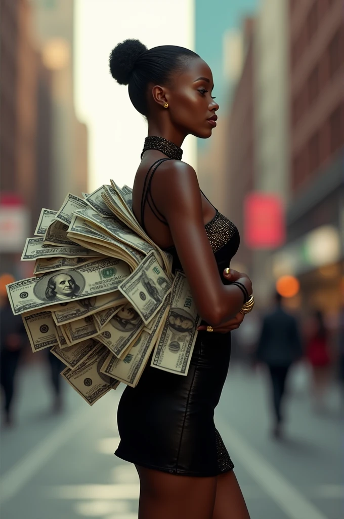 A black Slim woman in a short dress carrying alot of money