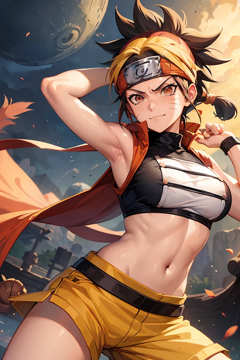 
---

"Create a character that is a fusion of Naruto Uzumaki and Monkey D.. Luffy. She must have Naruto&#39;s messy blonde hair, combined with Luffy&#39;s straw hat and red outfit. The character must display an energetic and adventurous look., with a confident and smiling expression. Include elements of both characters, like Naruto&#39;s whisker marks and Luffy&#39;s elastic fighting style."

---