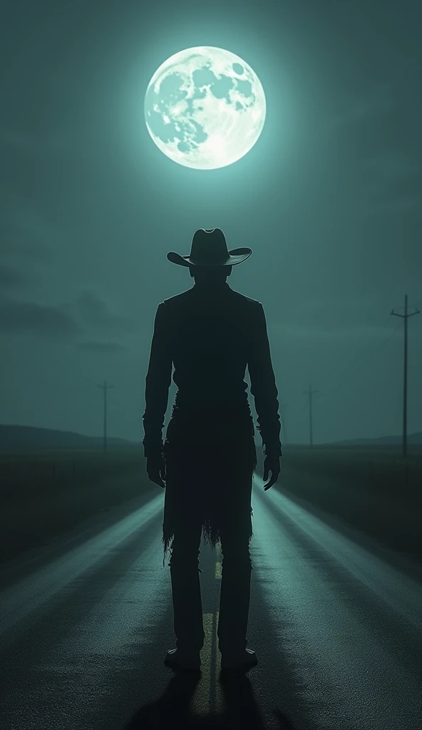 A deserted road at night, lit only by the light of the full moon. In the center of the road, the tall, thin figure of El Silbón, with his back turned, wearing tattered cowboy clothes and a wide-brimmed hat. He is standing still, looking at the horizon, conveying a sense of mystery and imminent danger.