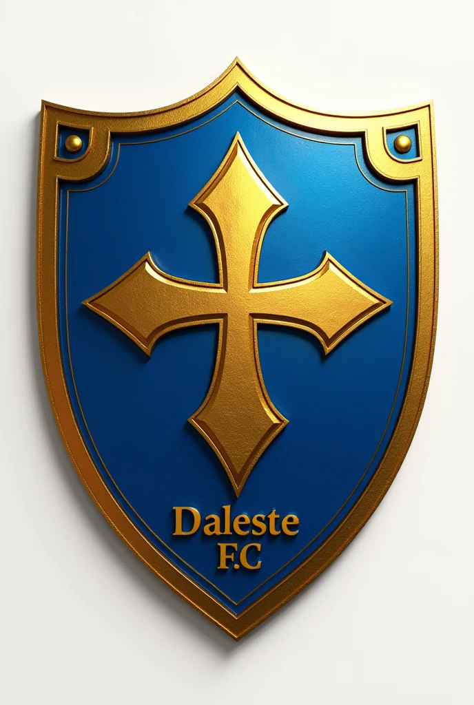 Create an image with a blue and gold cross-shaped shield of a football club and add the name Shakhtar Daleste F. C on the shield
