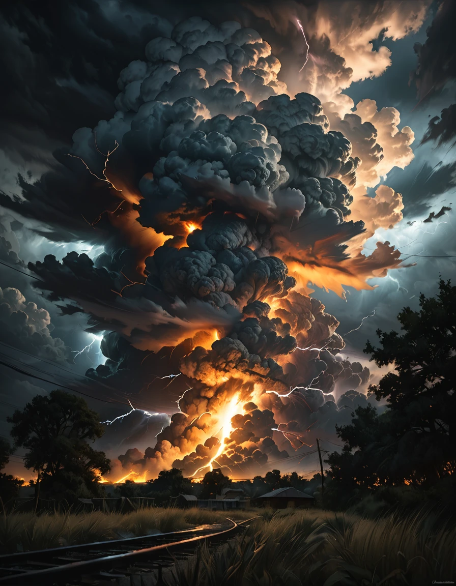 detailed oil painting of a lightning bolt striking a skull-shaped cloud, dramatic lighting, dark moody atmosphere, dramatic cinematic composition, highly detailed, hyperrealistic, dramatic lighting, chiaroscuro, moody, dark and stormy sky, dark clouds, dramatic clouds, realistic lightning bolt, photorealistic, intricate details, dramatic colors, rich textures, masterpiece