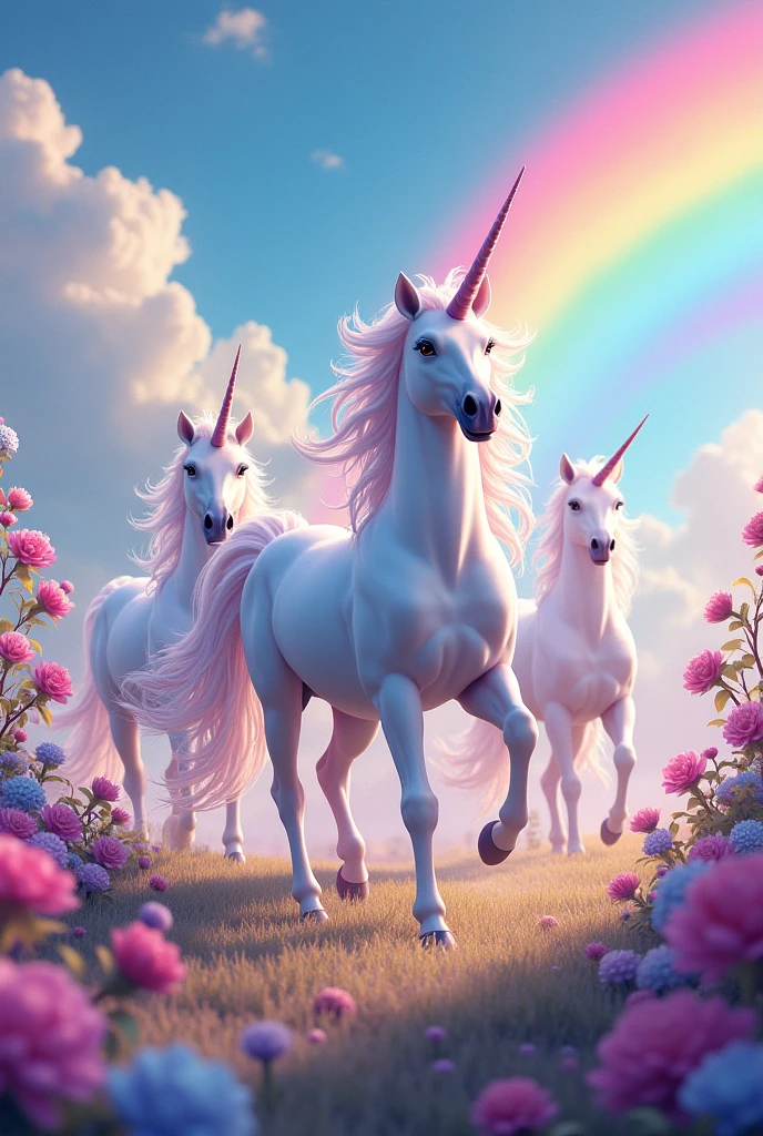 Unicorns in their colorful world full of rainbows and lots of pink and blue
